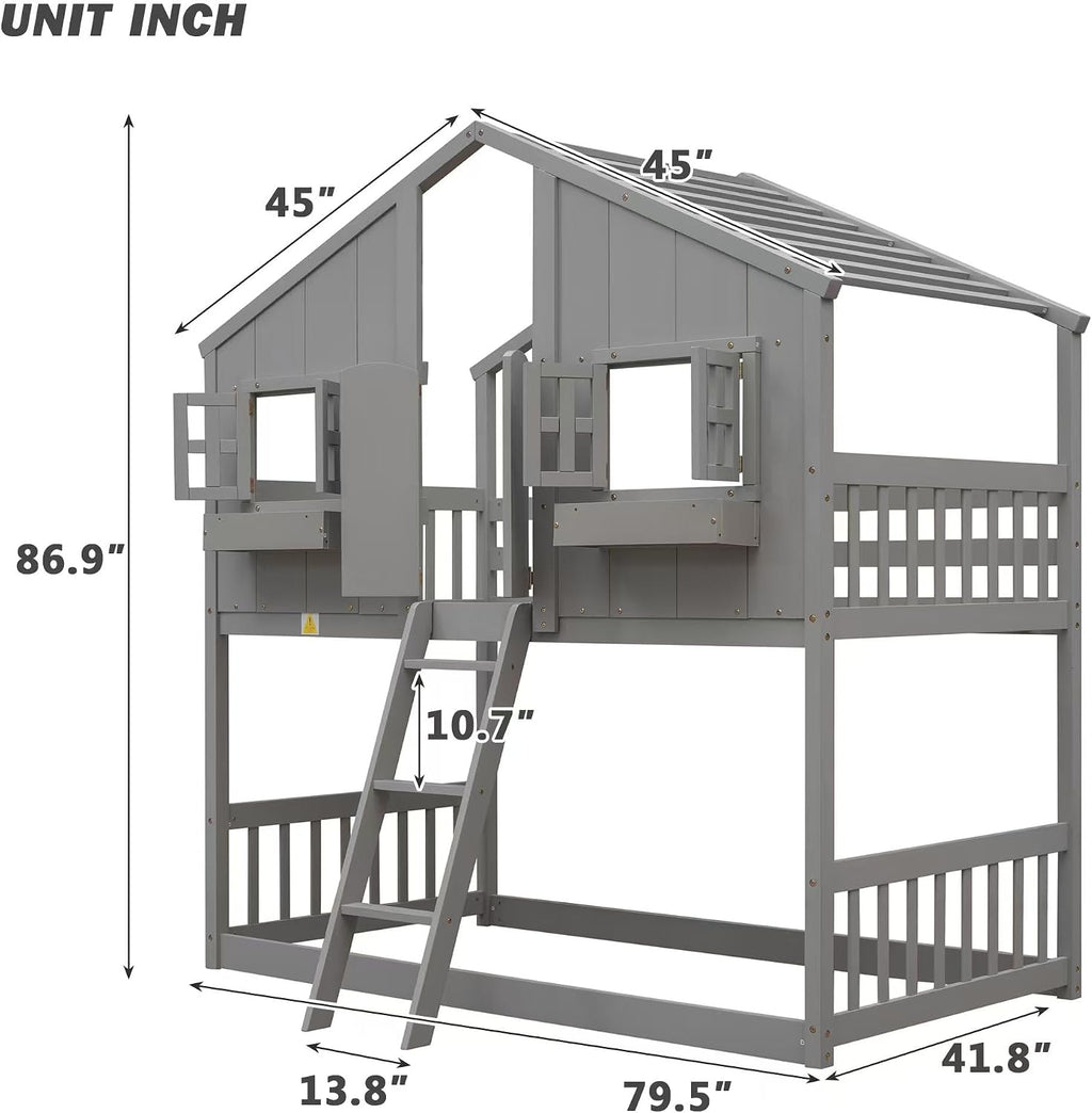 Polibi House Bunk Bed, Twin Over Twin with Roof, Window & Door, 2 Small Window Box Shelves,Safety Guardrails & Ladder, Low-Height Kids Playhouse Bed,Grey