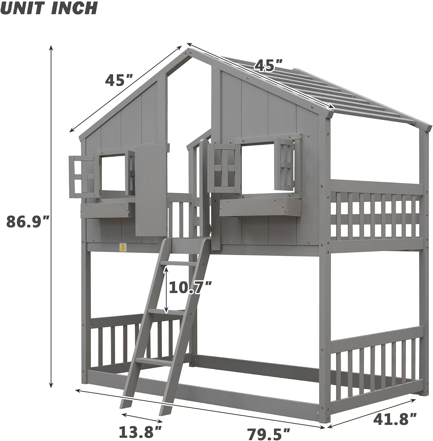 Polibi House Bunk Bed, Twin Over Twin with Roof, Window & Door, 2 Small Window Box Shelves,Safety Guardrails & Ladder, Low-Height Kids Playhouse Bed,Grey