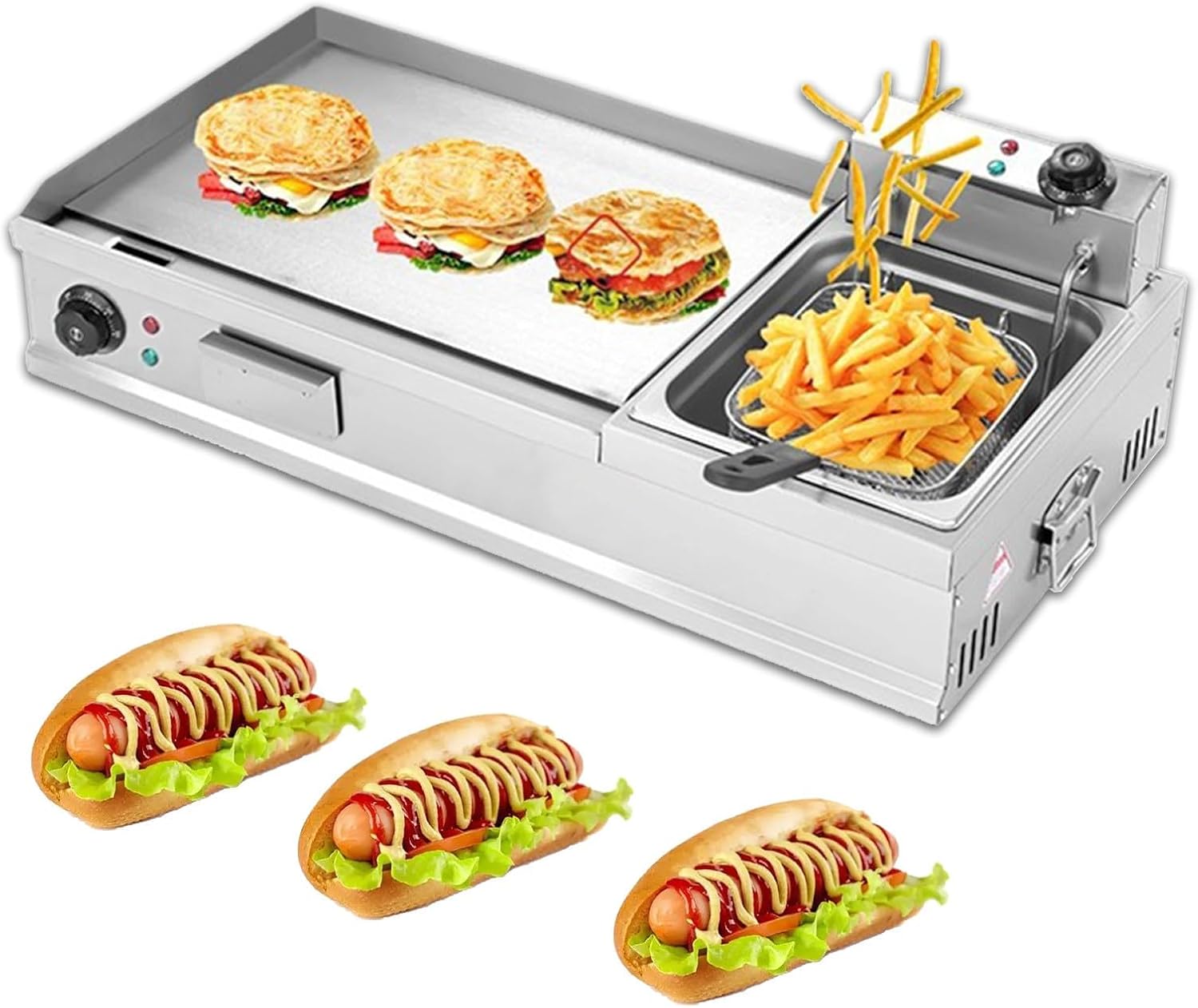 Electric Griddles Indoor Cooking With Deep Fryer, Commercial Electric Griddle Flat Top Grill With Seasoning Rack(Size:M)