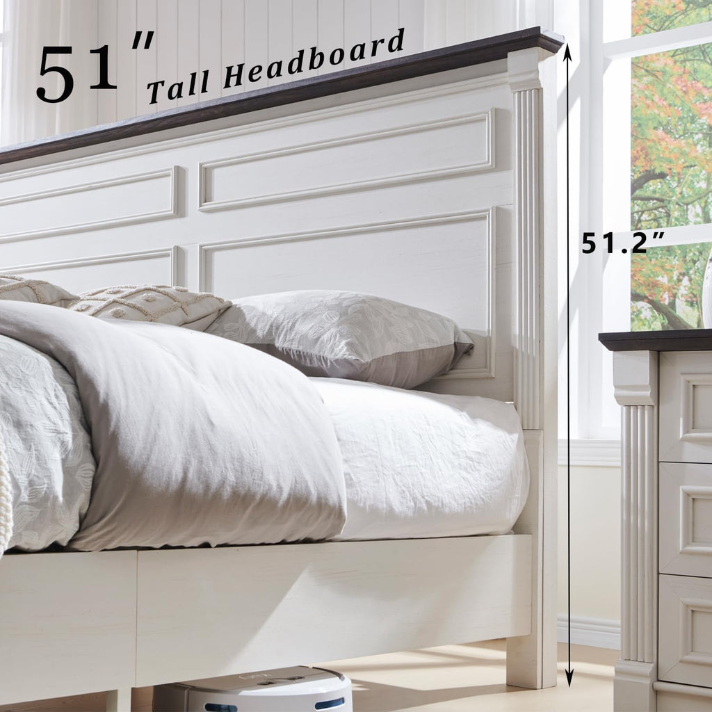 Aitjunz Farmhouse King Size Bed Frame with 51' Tall Headboard, Wood Platform Bed Frame with 20' Tall Roman Column Decoration Footboard & 3 Large Storage Drawers, No Box Spring Needed (White)
