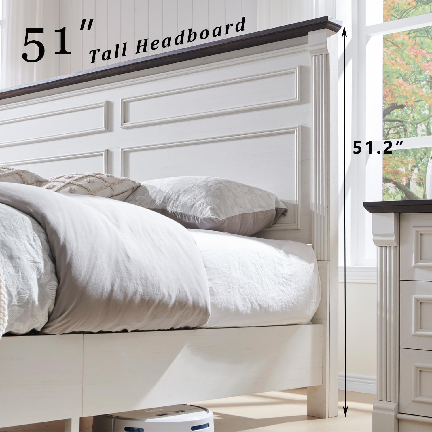 Aitjunz Farmhouse King Size Bed Frame with 51' Tall Headboard, Wood Platform Bed Frame with 20' Tall Roman Column Decoration Footboard & 3 Large Storage Drawers, No Box Spring Needed (White)