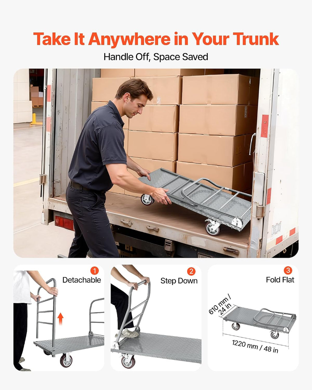 VEVOR 2 in 1Platform Truck, 2650 LBS Heavy Duty Flatbed Cart Dolly with Detachable Rear Guardrail and Swivel Wheels, Foldable Hand Push Truck Cart for Groceries, Garage, Warehouse (48'×24')