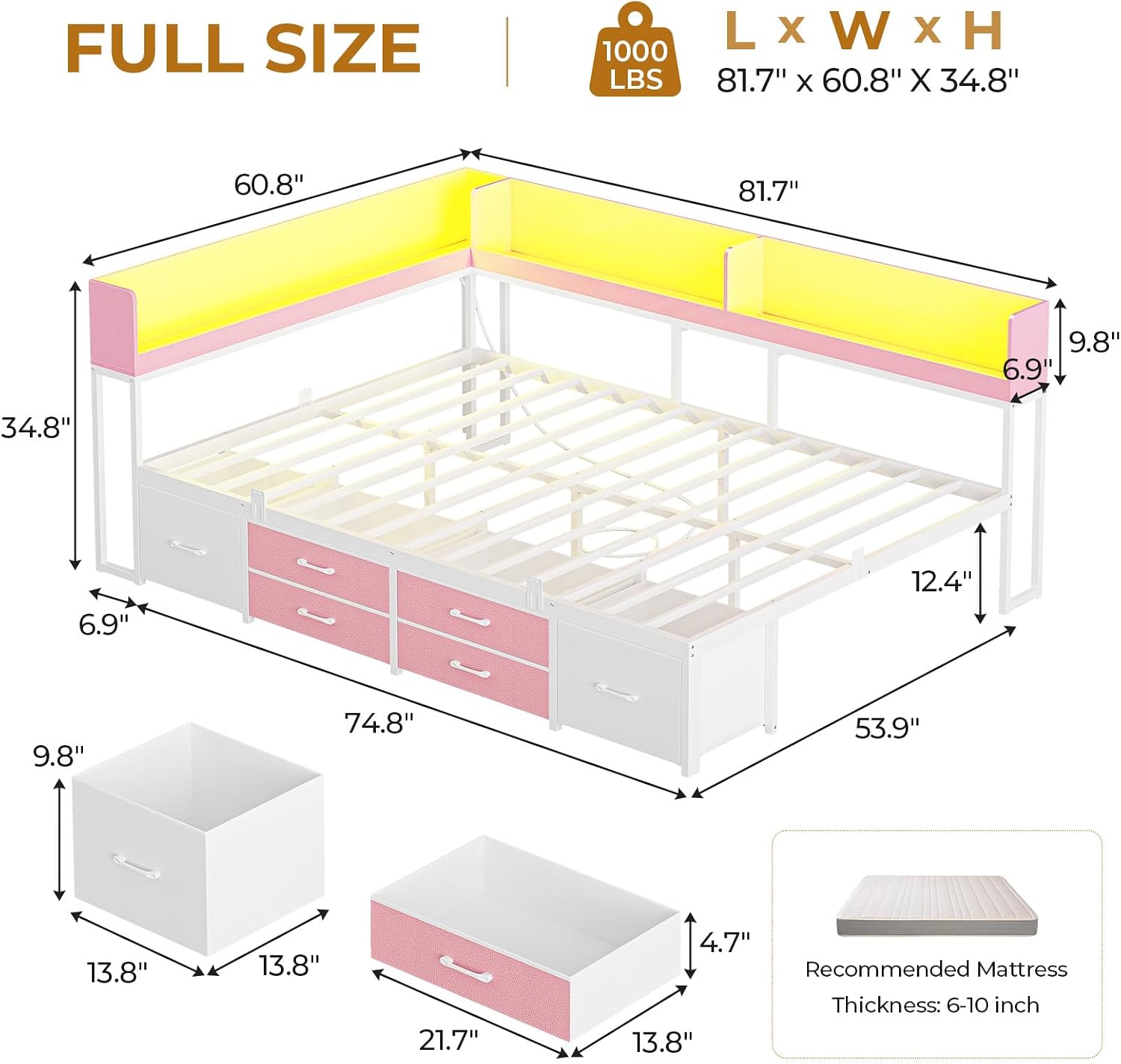 MSmask 14 Inch Corner Bed Frame with Bookcase Storage, Full Daybed with 6 Drawers, Charging Station and LED Light, Full Size Metal Platform Bed Frame for Kids Teenagers, Pink