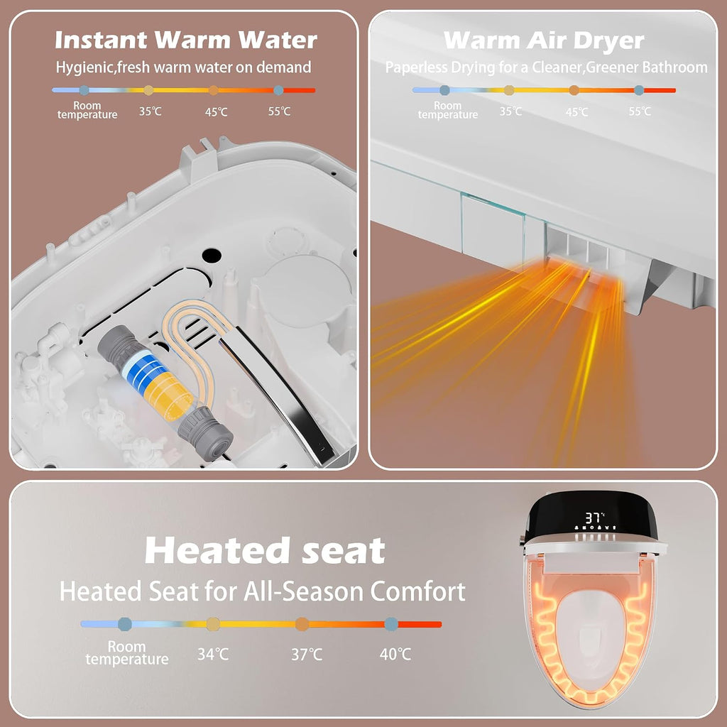 WinZo Smart Toilet With Bidet, ADA One-Piece Elongated, Auto Open/Close & Flush, Heated Seat, Front & Rear Wash, LED Display, Night Light, 12-inch Rough-in, White, Ceramic (White)