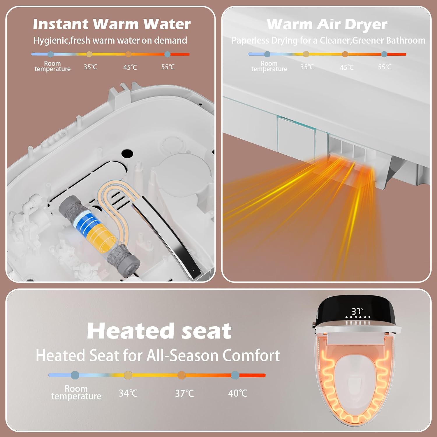 WinZo Smart Toilet With Bidet, ADA One-Piece Elongated, Auto Open/Close & Flush, Heated Seat, Front & Rear Wash, LED Display, Night Light, 12-inch Rough-in, White, Ceramic (White)