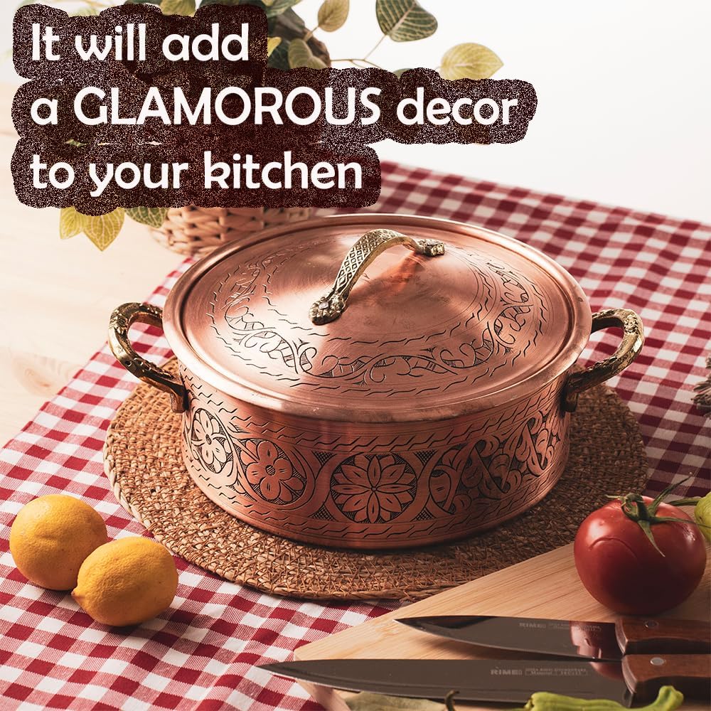 Vintage 100% Pure Solid Copper Hammered Handmade Engraved Cookware Cooking Stew Pot Braiser Lid Pan Oven Fancy Serving Nonstick Handle Non Stick Decorative Kitchen Decor Indian Turkish (3 Quarts)