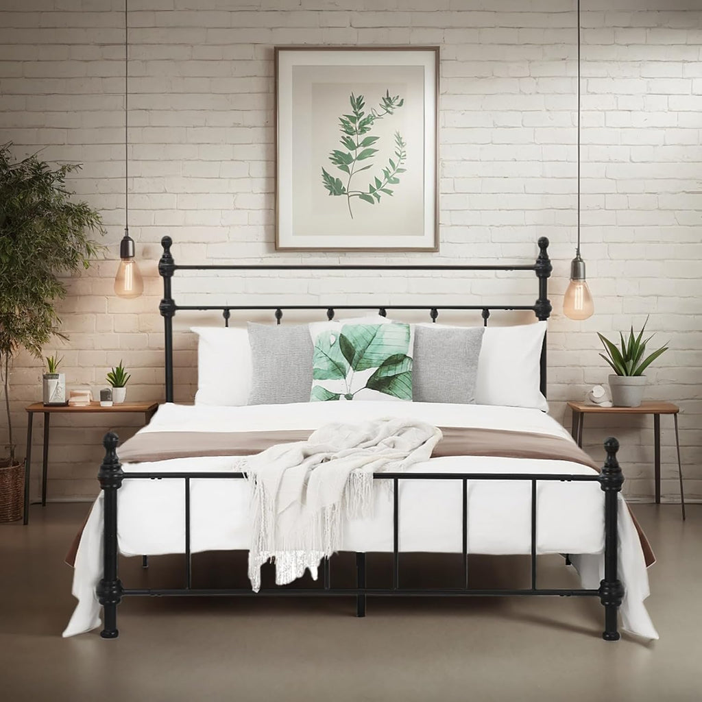 Full Size Bed Frame, Metal Platform Bed with Straight Headboard, Retro Luxury Roman Column, Easy Set up, No Box Spring Needed, Storage Space Under-Bed (Full)