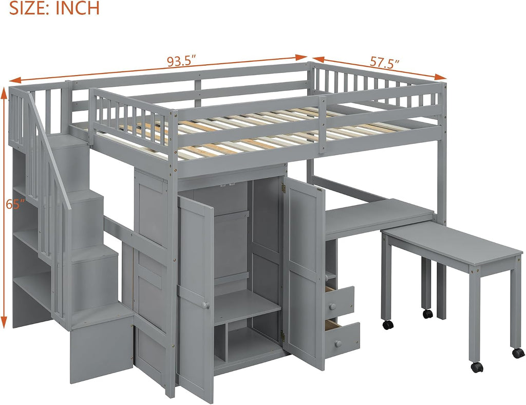 Merax Full Multifunction Loft Bed with Desk, Wardrobe, Drawers, Wood Loft Bed with Staircase & Full Length Gardrails for Boys, Girls, No Box Spring Needed Gray