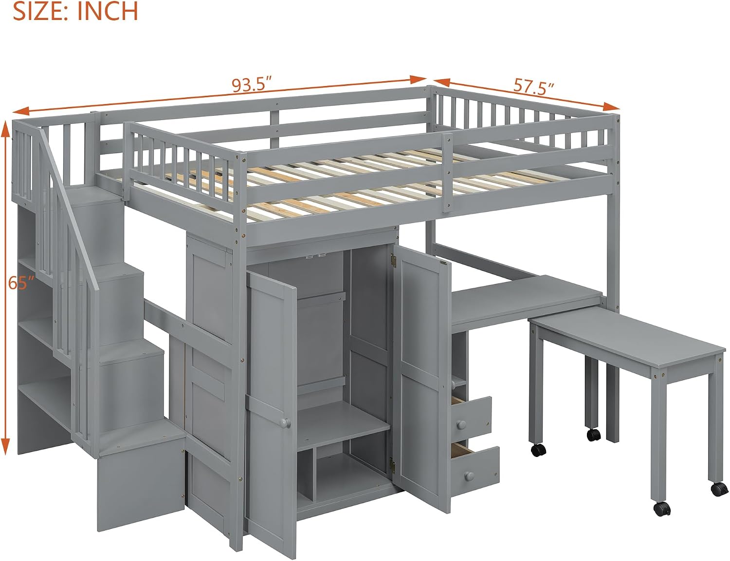 Merax Full Multifunction Loft Bed with Desk, Wardrobe, Drawers, Wood Loft Bed with Staircase & Full Length Gardrails for Boys, Girls, No Box Spring Needed Gray