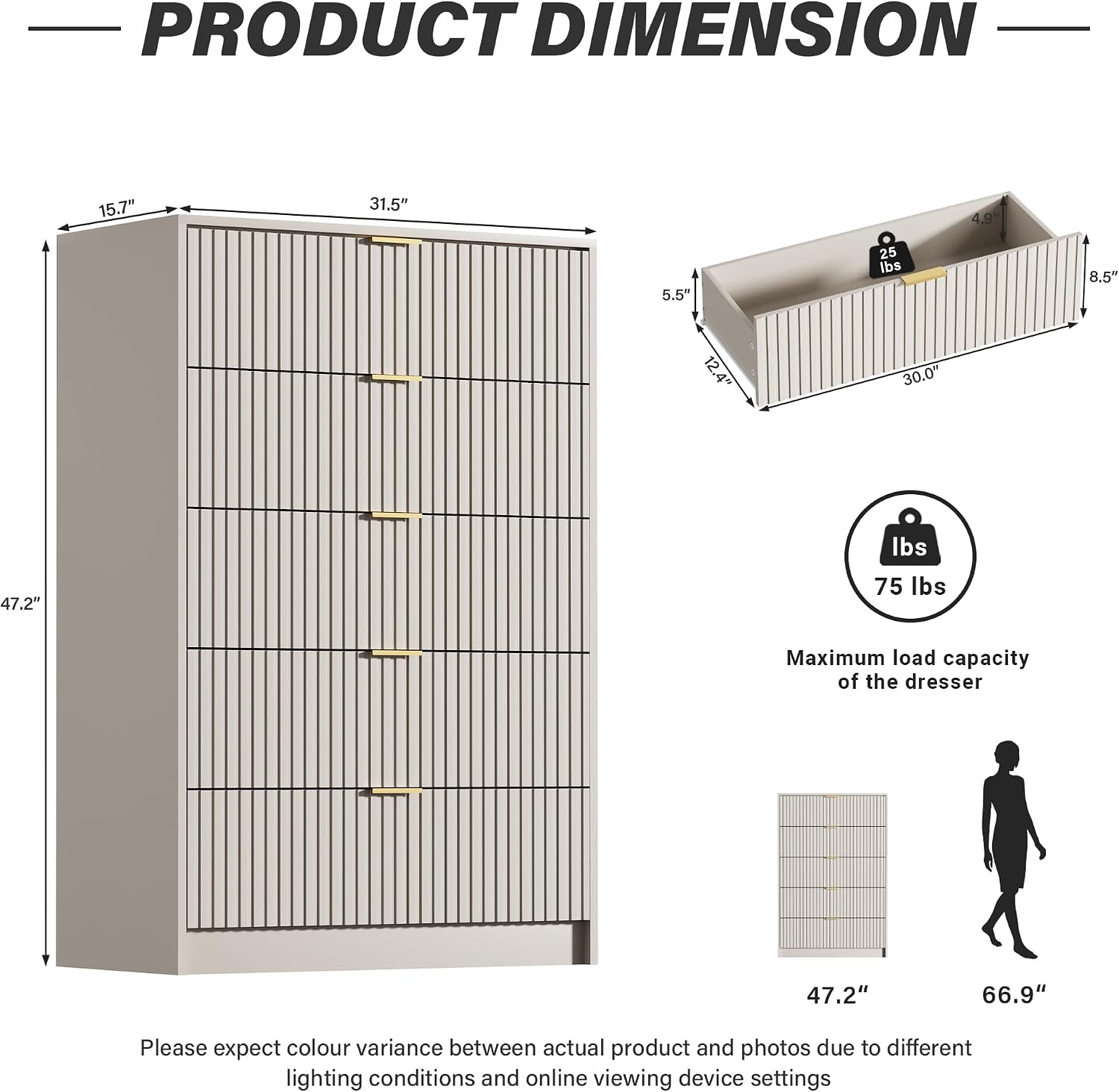 Furniway Beige Dresser for Bedroom, Modern Dresser with 5 Drawers and Smooth Slides, Wide Chest of Drawers with Golden Handles for Bedroom, Living Room, Closet, 15.7' D x 31.5' W x 47.2' H