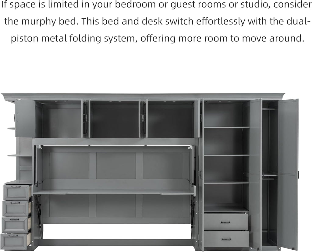 Merax Twin Size Murphy Bed with Desk, Multifunctional Wood Foldable Wall Bed with Wardrobe, Drawers and Cabinet, Space-Saving Hidden Bed for Guest Room Office, No Box Spring Needed, Grey