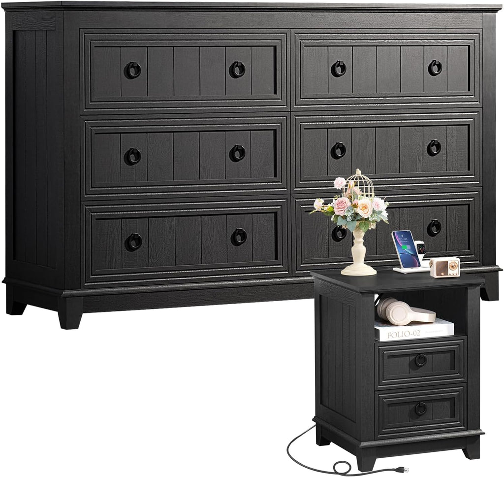 Joaxswe Farmhouse Furniture Set, Nightstands with Charging Station and 6 Drawers Dresser for Bedroom, 54 Inch Wide Wood Dresser and 18' Night Stands for Bedroom, Living Room, Hallway