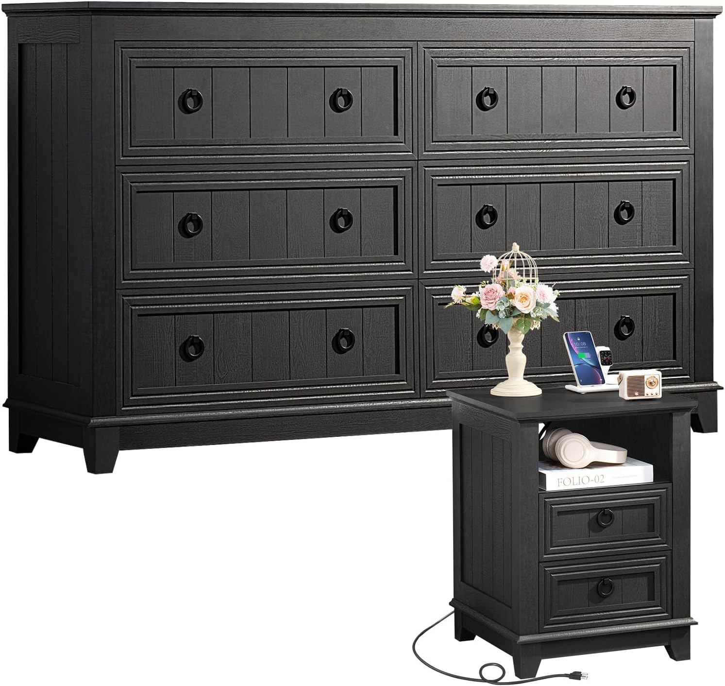 Joaxswe Farmhouse Furniture Set, Nightstands with Charging Station and 6 Drawers Dresser for Bedroom, 54 Inch Wide Wood Dresser and 18' Night Stands for Bedroom, Living Room, Hallway