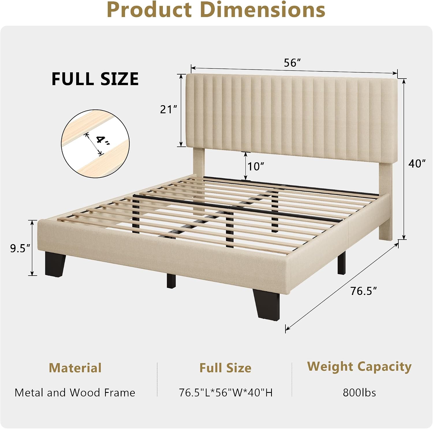 iPormis Full Size Bed Frame, Upholstered Platform Bed with Vertical Linen Headboard, Wide Bed Legs and Strong Wood Slats Support, No Box Spring Needed, Easy Assembly, Noise Free, Beige