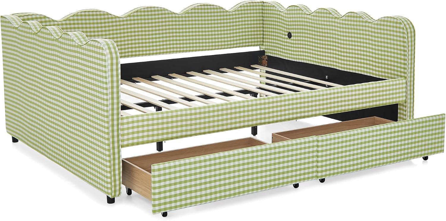 DEINPPA Queen Size Upholstered Daybed with 2 Storage Drawers, Gingham Daybed with USB Ports for Bedroom Living Room Guest Room-Green