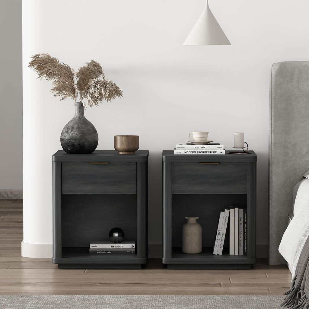Manhattan Comfort Evelyn Nightstands Set of 2 with Full Extension Drawer and Open Shelf – Modern Bedroom Night Stand or Living Room Side Tables with Storage – Easy Assembly, Charcoal Grey