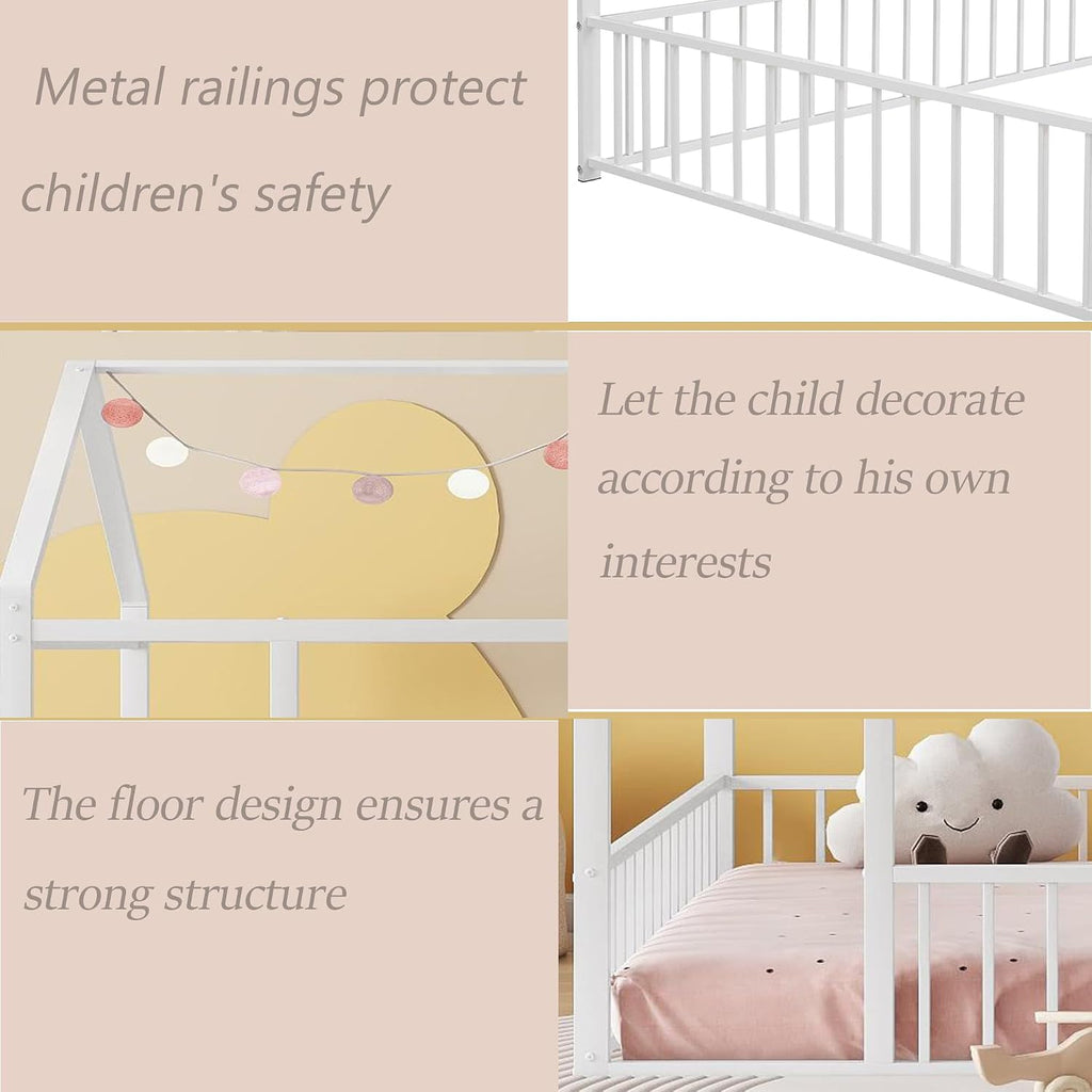 Bellemave Full Floor Bed Frame, Metal Montessori Floor Bed Full with Fence for Boys Girls Bedroom Playhouse for Kids No Slat, Easy Assembly House Shaped Floor Beds White