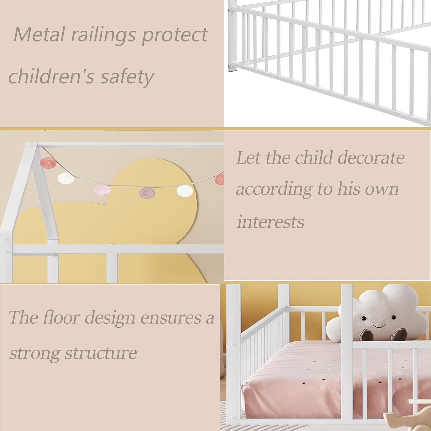 Bellemave Full Floor Bed Frame, Metal Montessori Floor Bed Full with Fence for Boys Girls Bedroom Playhouse for Kids No Slat, Easy Assembly House Shaped Floor Beds White