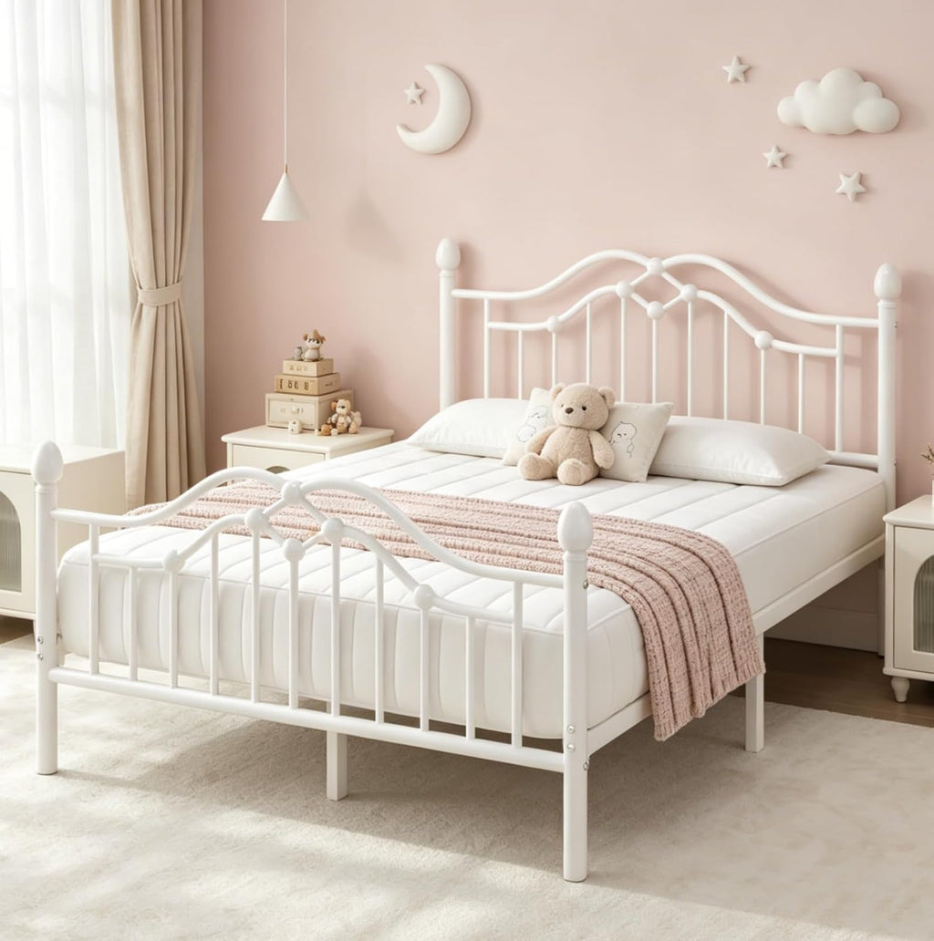 LOEWAY Full Metal Bed Frame with Classical Headboard and Footboard, Platform Bed Frame with Sturdy Metal Slats Support, Adequate Under Bed Storage, No Box Spring Needed, Easy Assembly, White