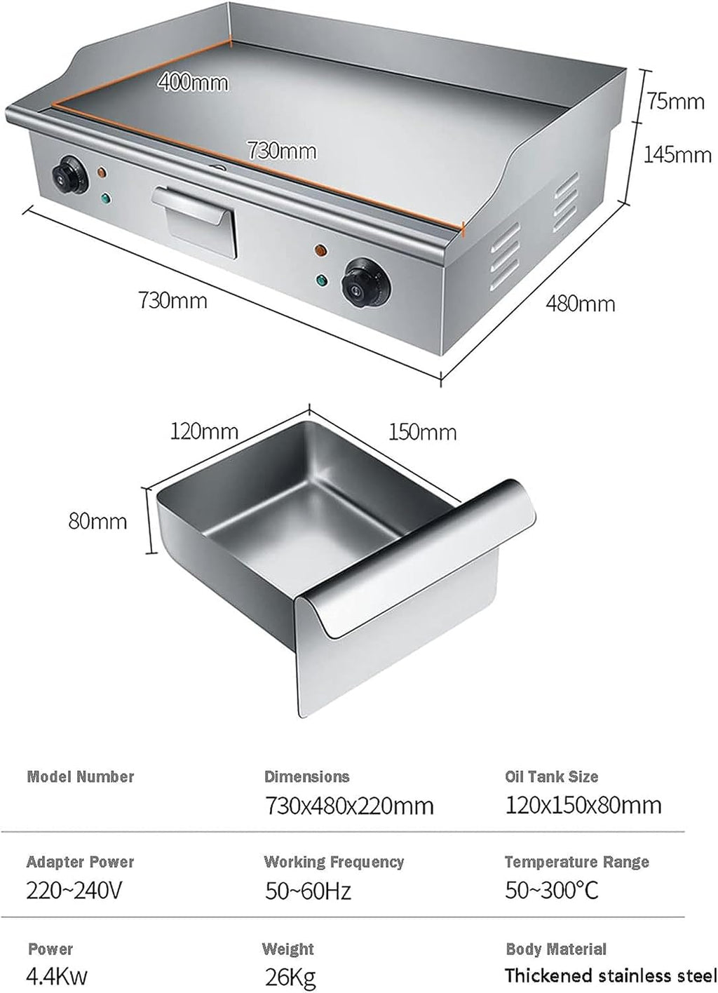 Commercial Electric Countertop Griddle,Flat Top Grill Hot Plate BBQ,4400W Stainless Steel Grill,For Kitchen Und Restaurant