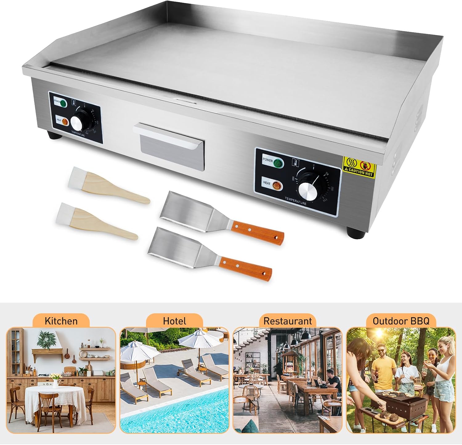 29' Commercial Electric Griddle - 3000W Stainless Steel Flat Top Grill with Adjustable Temp 122°F-572°F, Non-Stick Surface, 2 Shovels & 2 Brushes - for Restaurants, Home Kitchens