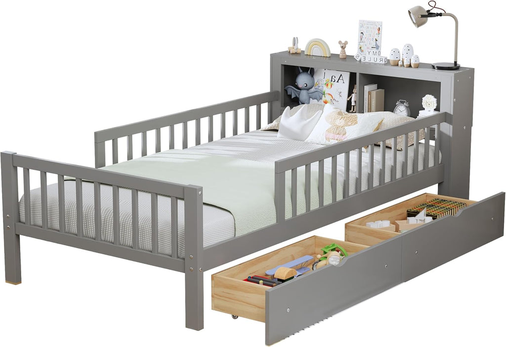 VilroCaz Wood Twin Size Platform Bed with Safety Fence for Kids Boys Girls, Platform Bed Frame with Practical Headboard and 2 Under-Bed Drawers, Sturdy Slats Support (Gray-3.15)