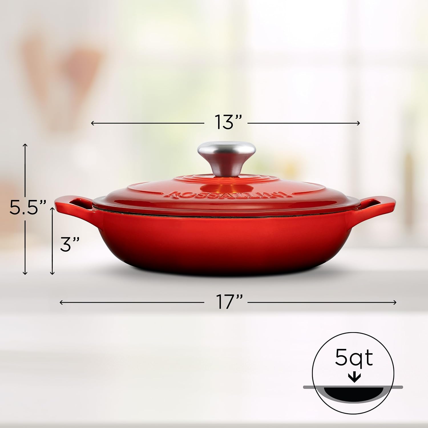 ROSSALLINI Signature Enameled Cast Iron Braiser, Non-Stick Serving Pot with Tight Fitting Lid for Perfect Roasting, Baking, Sauteing, Searing, and Pan Frying | 5Q (4.7L) - Red