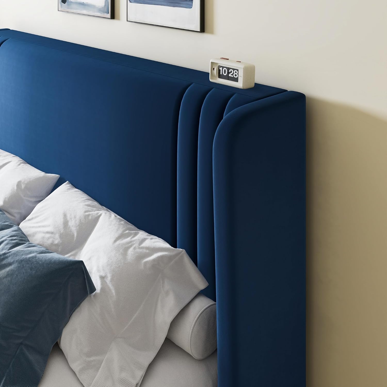 Allewie King Size Velvet Platform Bed Frame with Vertical Tufted Wingback Headboard, Easy Assembly, Under Bed Storage, No Box Spring Required, Modern Style, Blue