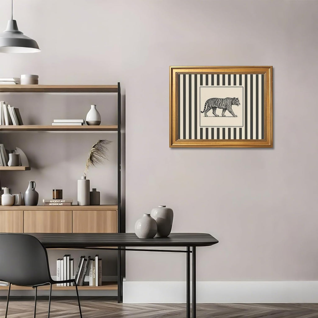 Gold Framed Vintage Tiger Wall Art Black and White Striped Wild Animal Poster Retro Jungle Big Cat Wildlife Canvas Print Botanical Safari Minimalist Exotic Artwork for Home Office Decor 20x30inch