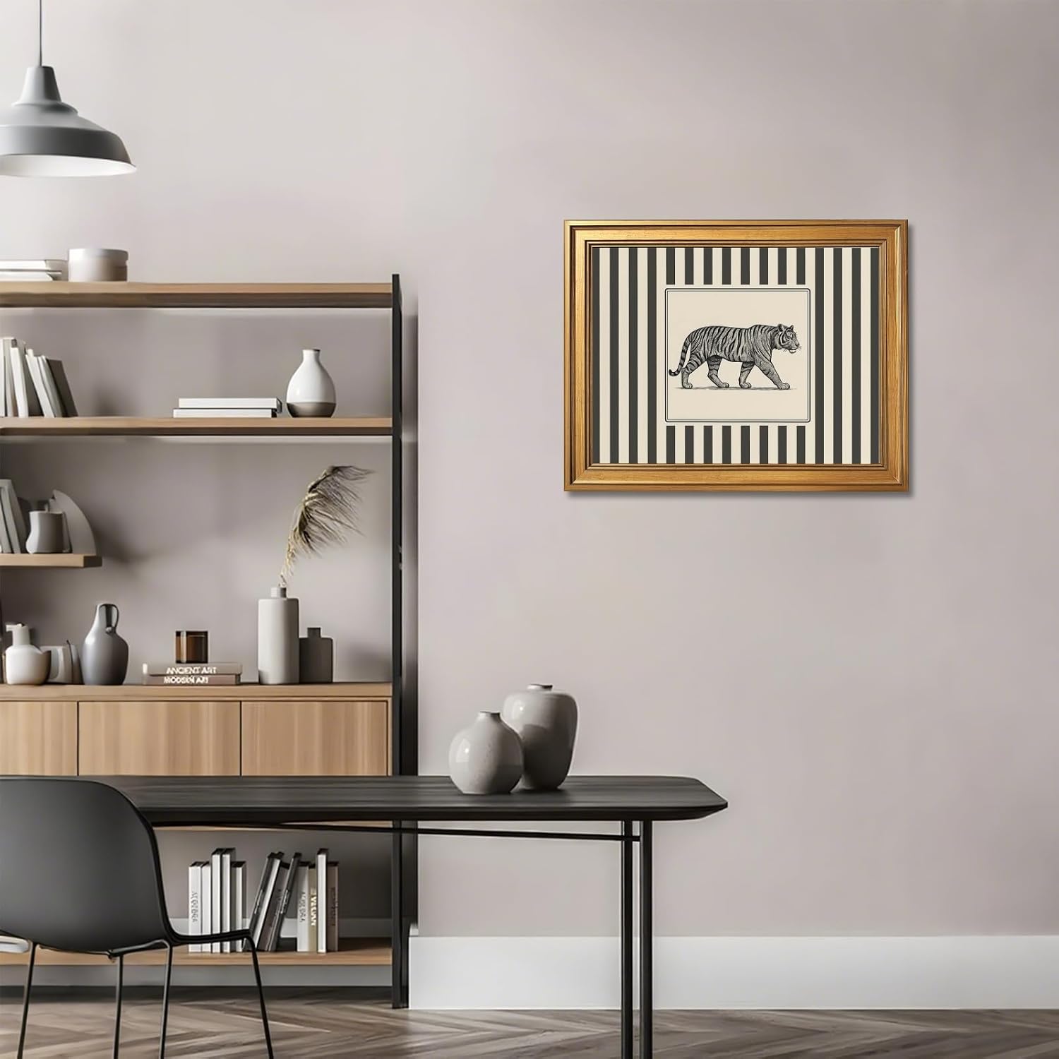 Gold Framed Vintage Tiger Wall Art Black and White Striped Wild Animal Poster Retro Jungle Big Cat Wildlife Canvas Print Botanical Safari Minimalist Exotic Artwork for Home Office Decor 20x30inch