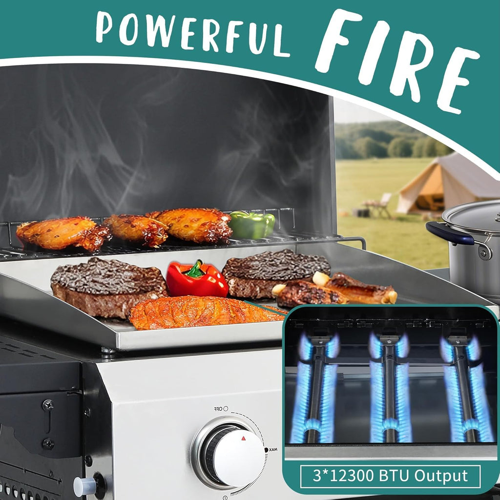 3 Burner Propane Gas Grill with Foldable Side Tables & Lid, 30,000 BTU Outdoor BBQ Grill for Backyard Patio - Stainless Steel Plancha & Cast Iron Cooking Grids Combo
