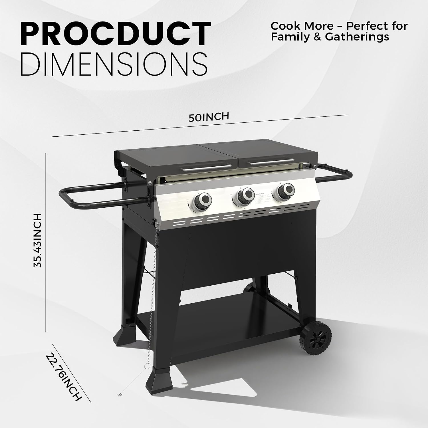 3-Burner Propane Grill, 34,000 BTU Outdoor Flat Top Propane Gas Griddle Grill with 540 Sq In Cooking Area, Rolling Wheels, Folding Side Shelves & Cover for Camping, Backyard BBQ (3 Burner)