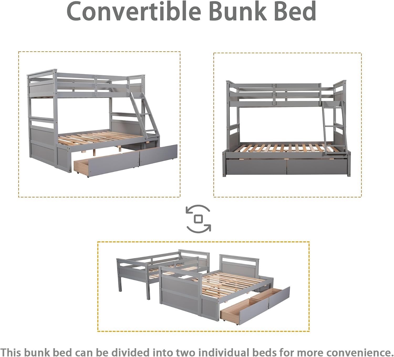 Merax Twin Over Full Bunk Bed, Wood Bunk Bed with Removable Ladders and Two Storage Drawers, Convertible into Two Individual Beds (Grey)