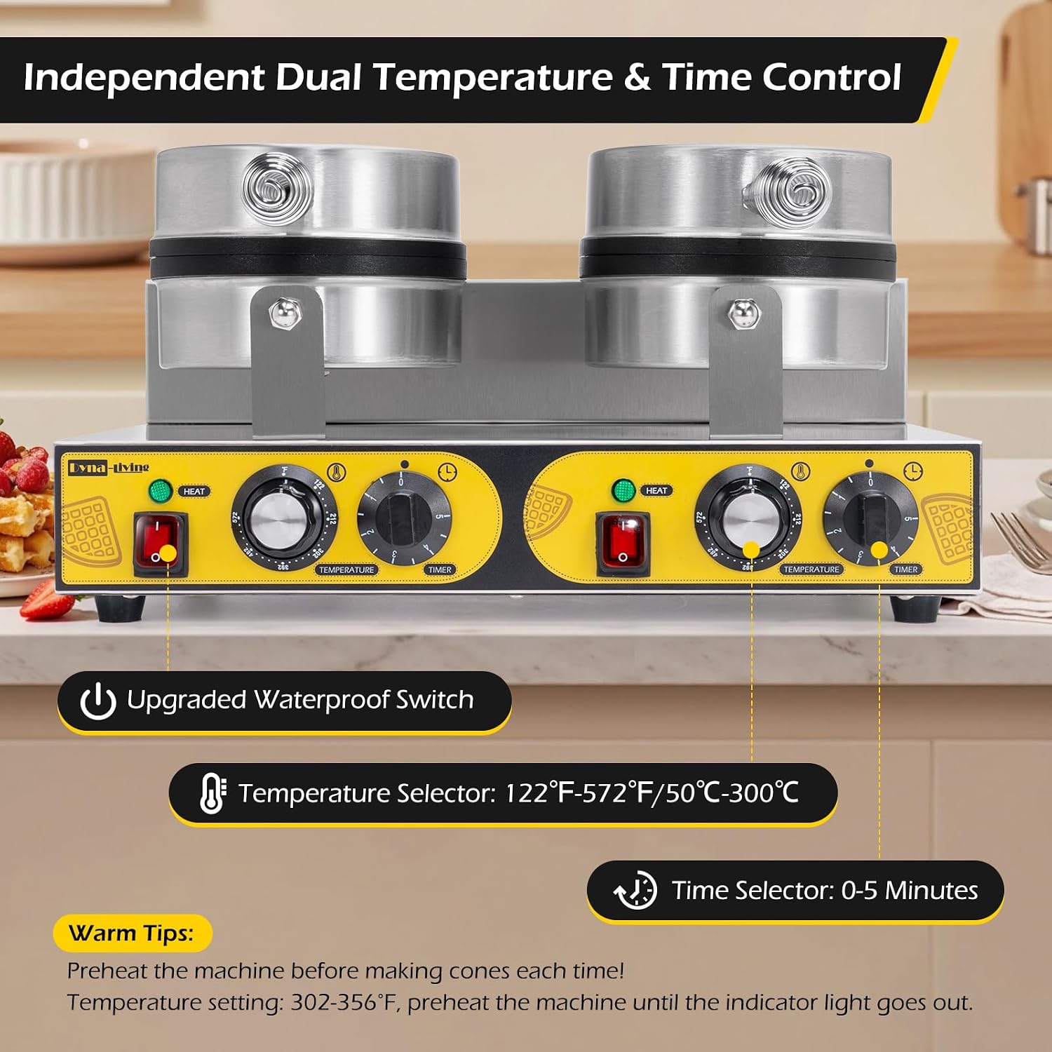 Dyna-Living Double Head Commercial Waffle Maker 2400W & Commercial Electric Griddle 22'' Flat Top Grill Countertop 122°F-572°F Temp Adjustable