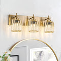 Modern Crystal Bathroom Vanity Lights, Gold 3-Lights Bathroom Light Fixtures Over Mirror, Crystal Wall Lighting with Polished Brass Finish