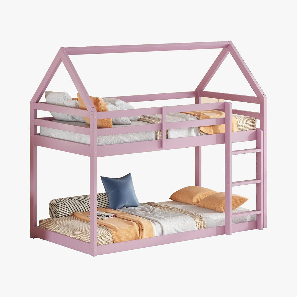 Bellemave Twin Over Twin Bunk Bed, Wooden House Bunk Bed with Ladder and Guardrails for Bedroom, Dormitory, Suit for Kids, Teens, Juniors, No Box Spring Needed, Pink