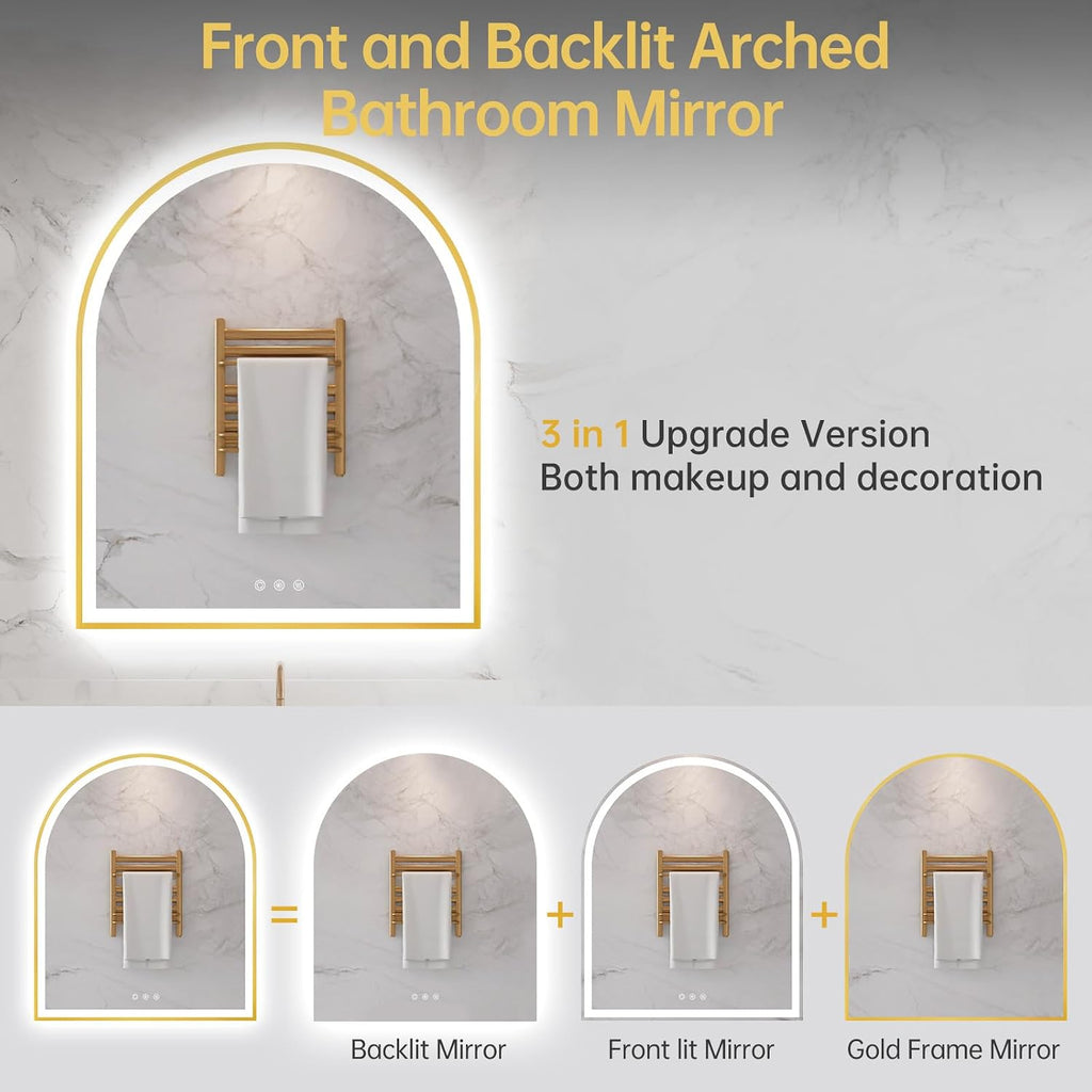 30'x36' Arched LED Mirror for Bathroom, Brushed Gold Lighted Bathroom Mirror with Lights, Fogless, Dimmable, Shatterproof, Touch Sensor, 3 Color Changing