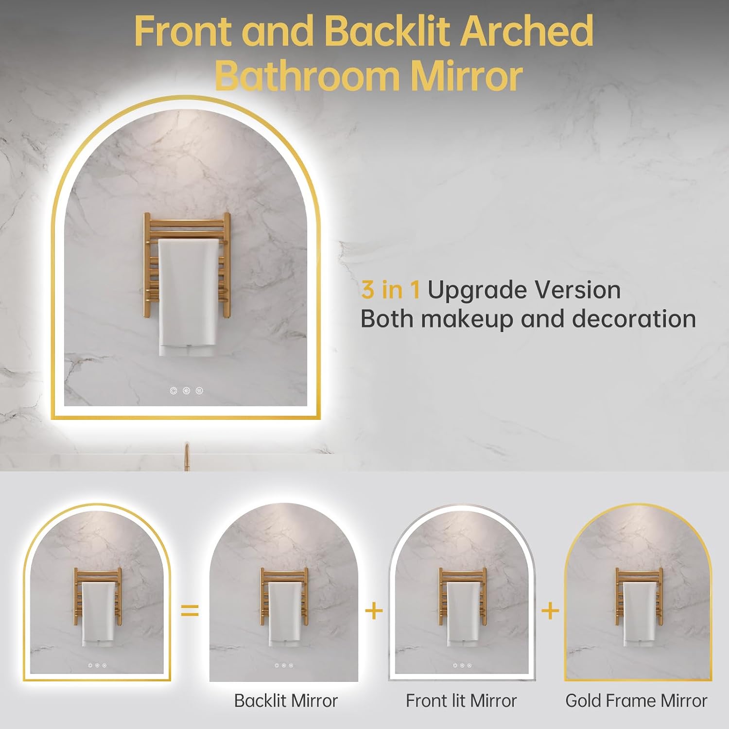30'x36' Arched LED Mirror for Bathroom, Brushed Gold Lighted Bathroom Mirror with Lights, Fogless, Dimmable, Shatterproof, Touch Sensor, 3 Color Changing