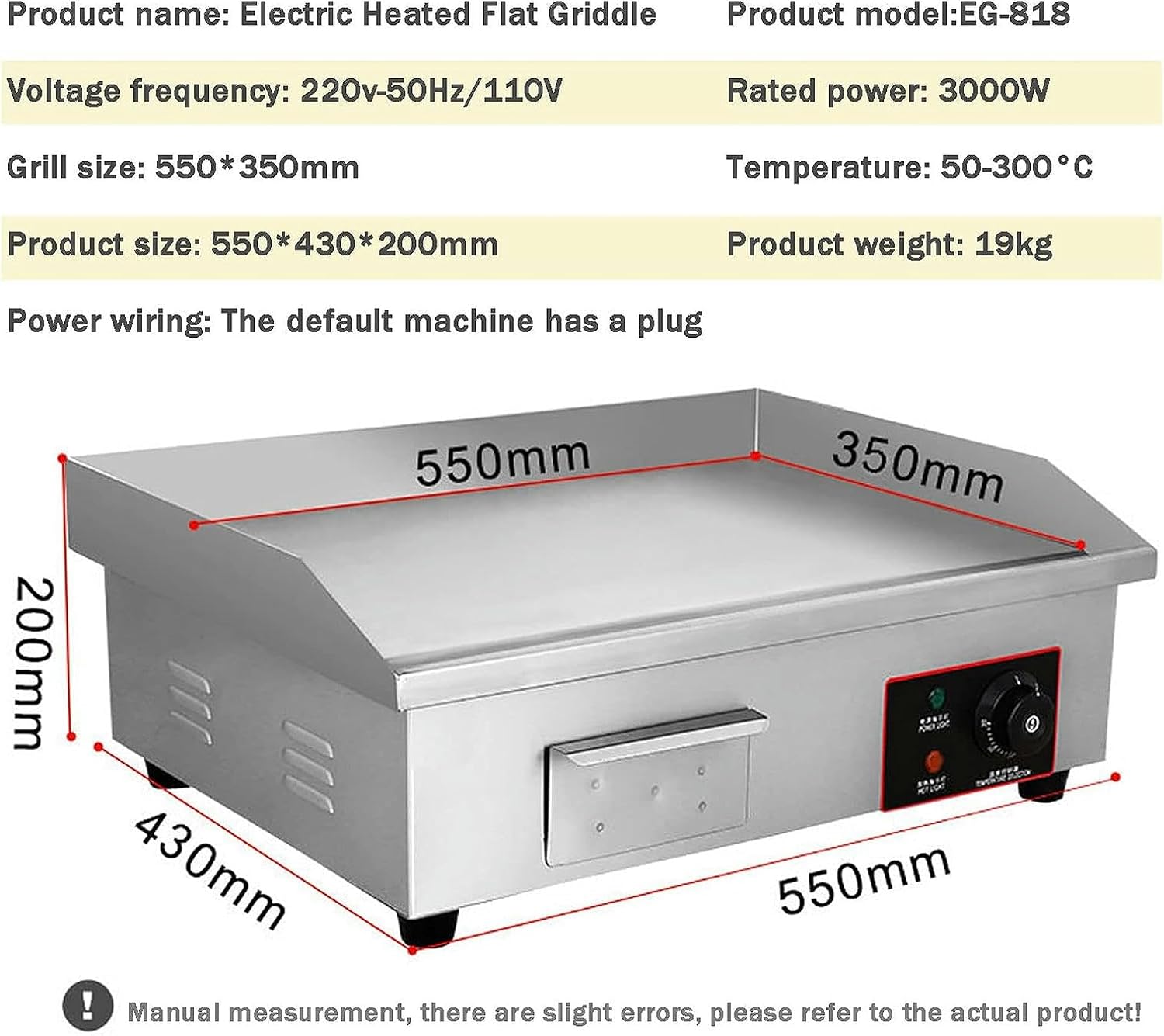 Commercial Electric Griddle Stainless Steel Full Flat Hotplate BBQ Hotplate, Large Griddle Hot Cooking Plate with Temperature Control, Efficient Nonstick Electric Griddle for Home Barbecue