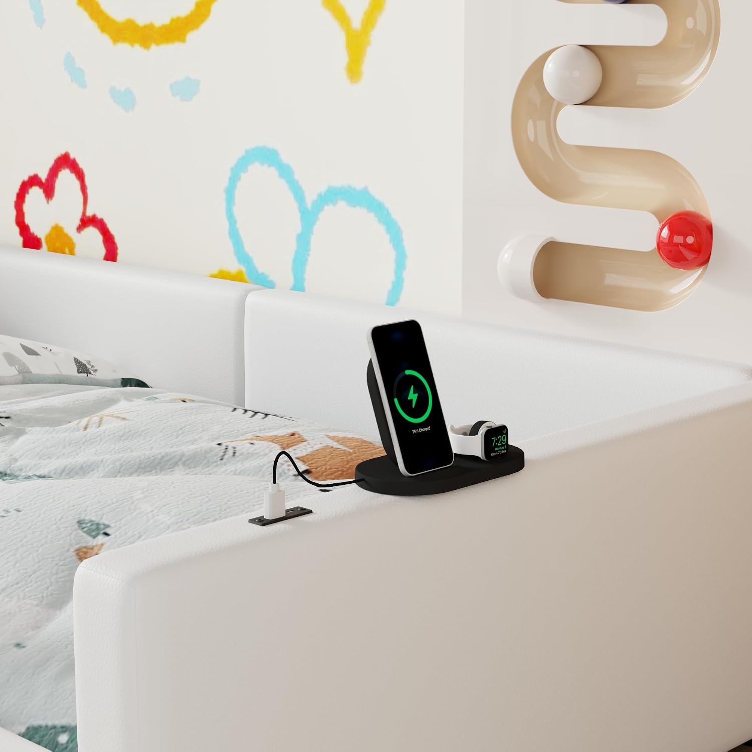 VilroCaz Twin Size Upholstered Platform Bed with Safety Guardrail, Montessori Kids Floor Bed, Child Grounded Bed with Charging Station and Sturdy Slats Support