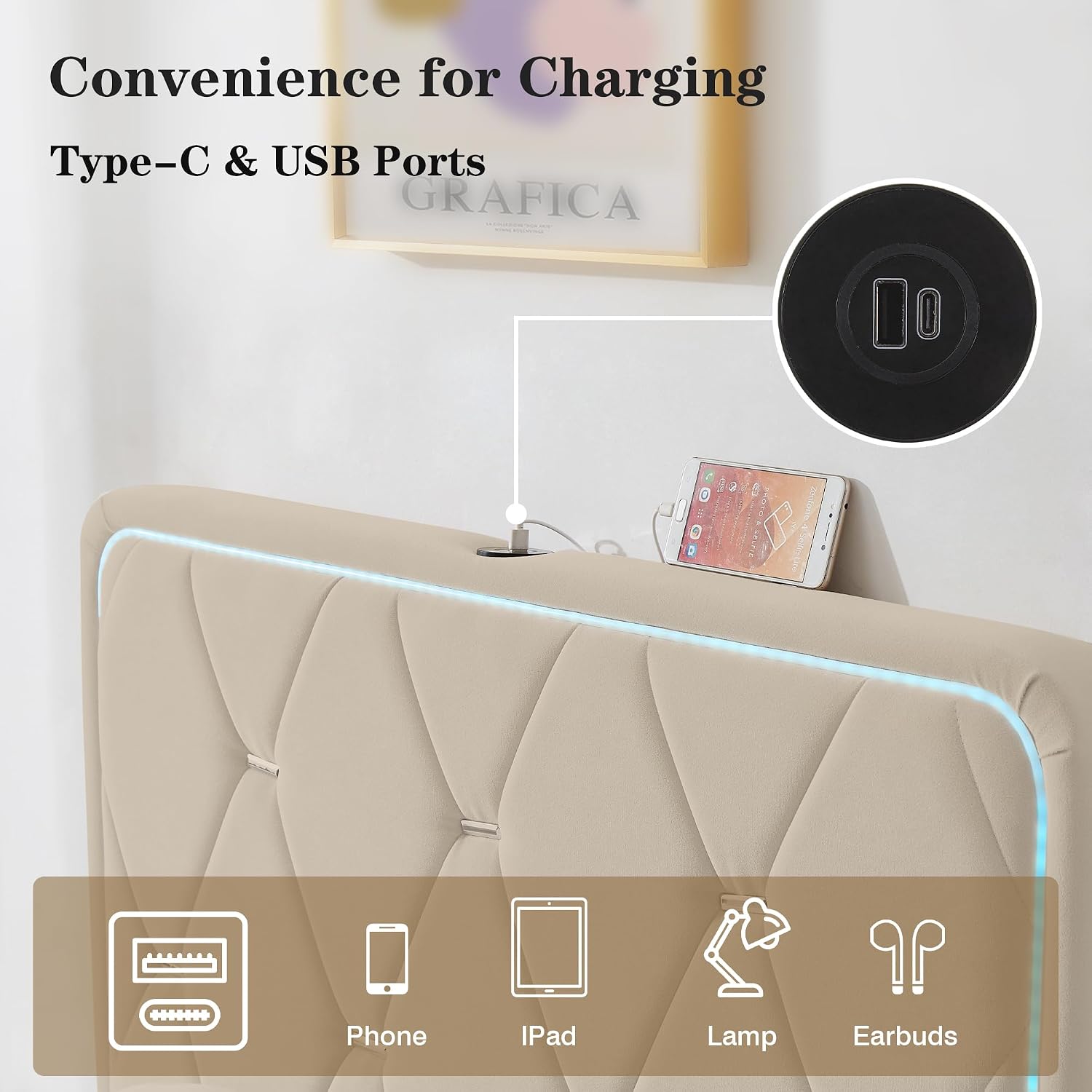 VECELO Upholstered Twin Bed Frame with Headboard Adjustable, Velvet Platform Bed with LED Lights, Charging Station, Mattress Foundation with Wooden Slats, Noise Free, No Box Spring Needed, Cream