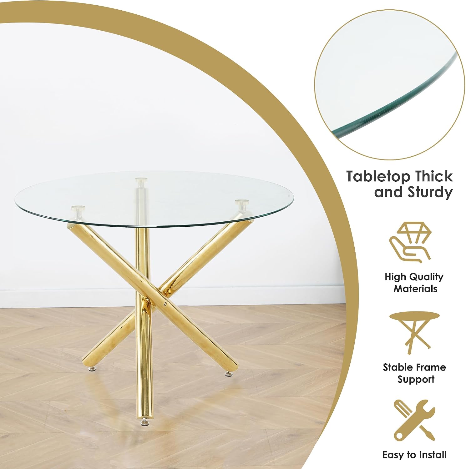 5 Piece Modern Golden Round Dining Set, 36'' Luxury Circular Kitchen Table Set, Clear Circle Glass Top Dinner Room Set for 4, Pink Woven Chairs, for Bedroom Small Apartment Living Room