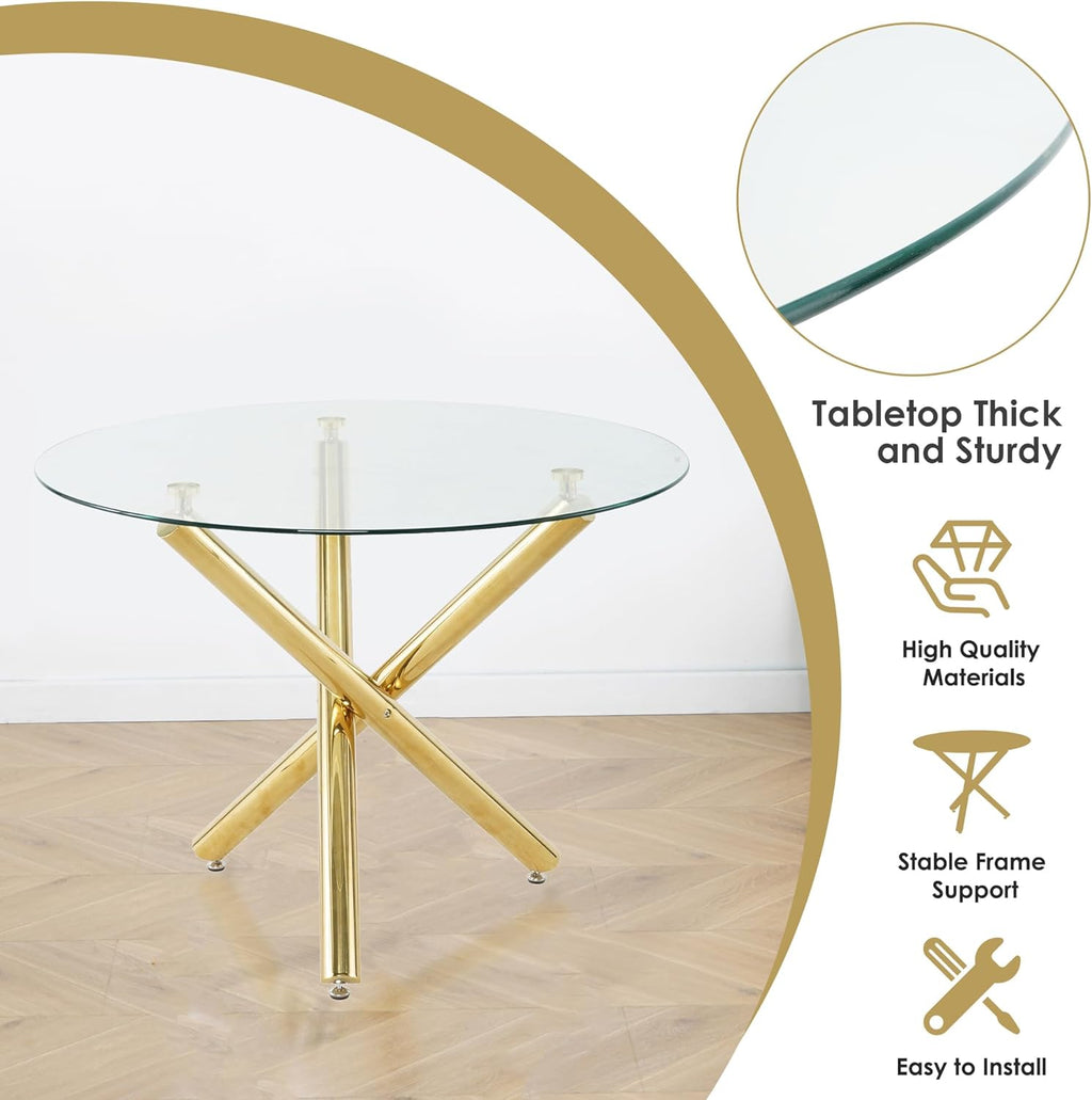 Gold Glass Round Dining Table Set for 4, 39'' Clear Dinner Table Set, 5 PCS Modern Circle Kitchen Table and Pink Woven Chairs Set, Luxury Circular Dinette Set, for Small Apartment Home