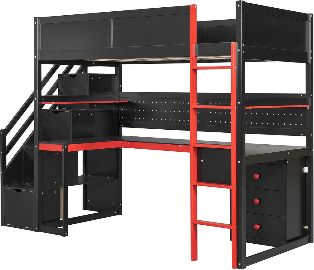 Ball & Cast Gaming Twin Size Loft Bed with Storage Stairs,Wood Gamer Loft Bed Frame W/Desk,Shelves and Pegboard,High Loft Bed W/Full-Length Guardrail,Bedroom Furniture for Student Dorms,Black+Red
