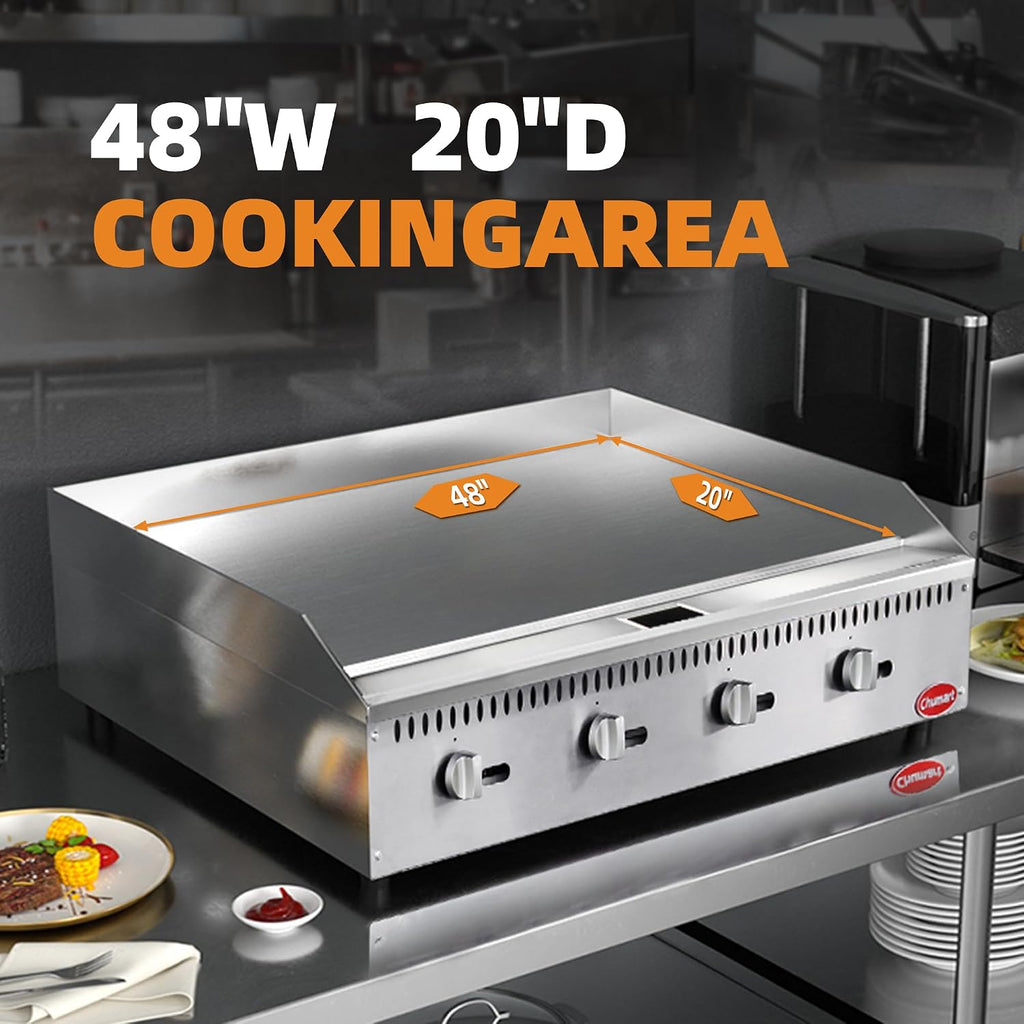 48' Commercial Countertop Griddle, 4 Burners Gas Griddle, 120000 BTU Output, Stainless Steel Flat Top Grill Hot Plate with Natural Gas and Propane Conversion Kit for Restaurant, Food Truck