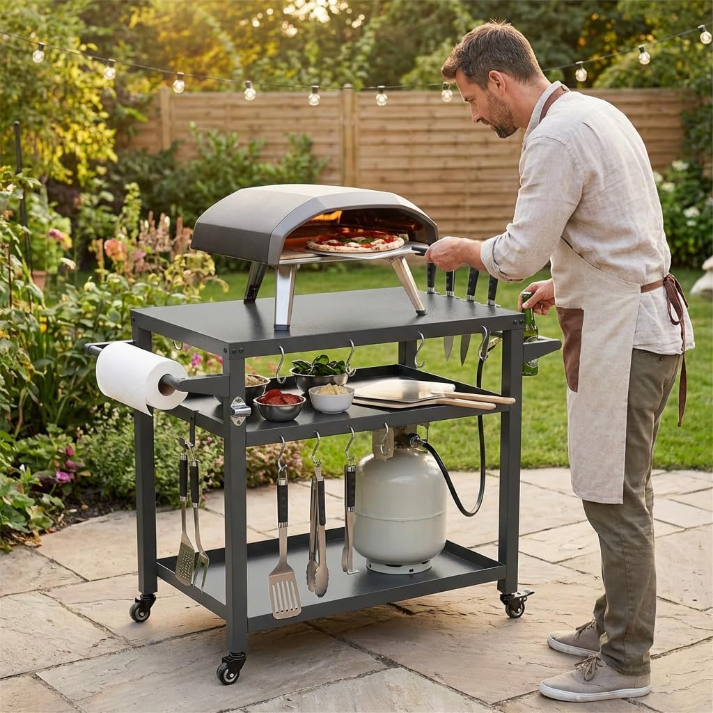 3-Shelf Outdoor Grill Table, Grill Cart with Wheels, Heavy-Duty Steel Food Prep Station with Propane Tank Hook for Blackstone Griddle, Pizza Oven Stand and BBQ Grill Cart for Backyard Cooking