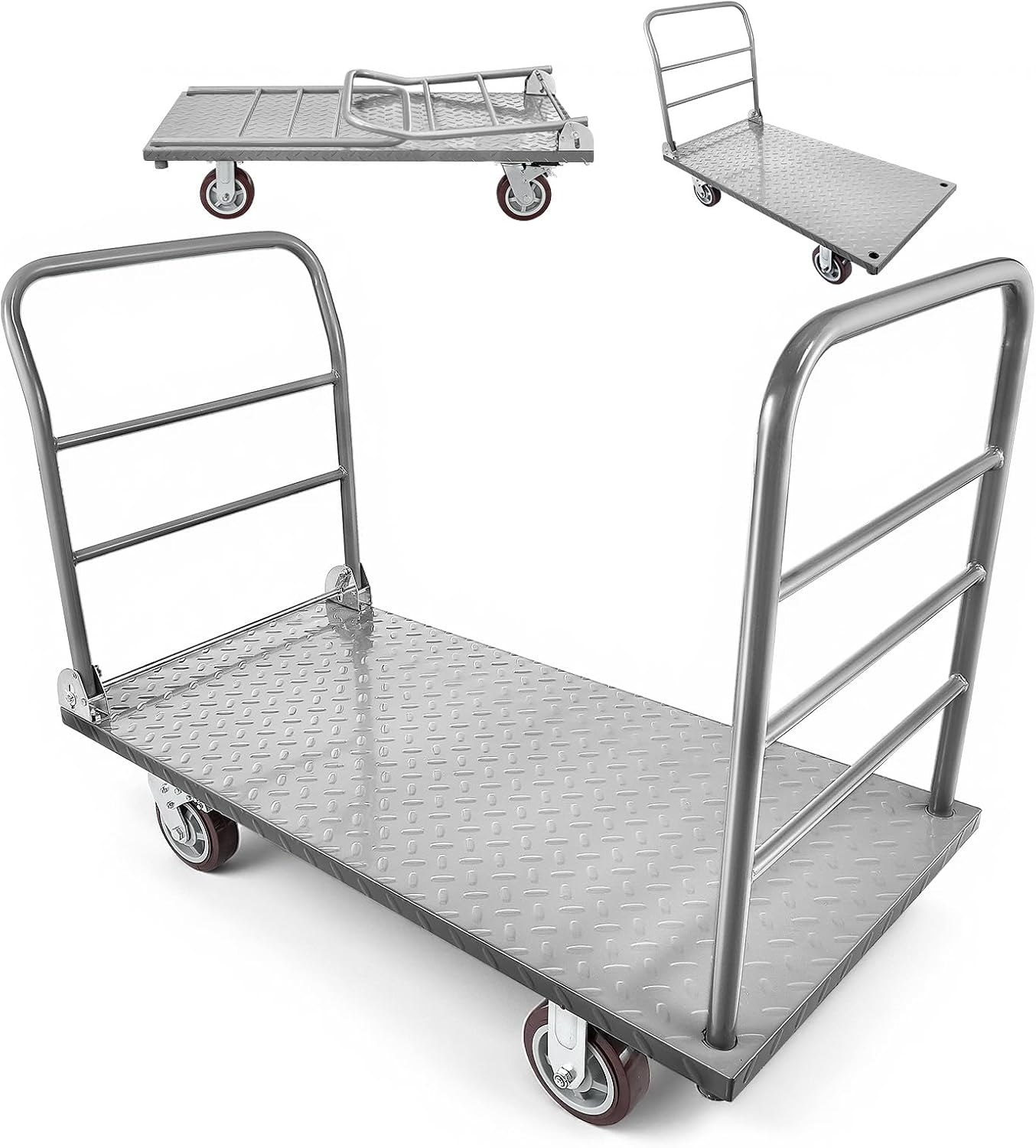 VEVOR 2 in 1Platform Truck, 2650 LBS Heavy Duty Flatbed Cart Dolly with Detachable Rear Guardrail and Swivel Wheels, Foldable Hand Push Truck Cart for Groceries, Garage, Warehouse (48'×24')