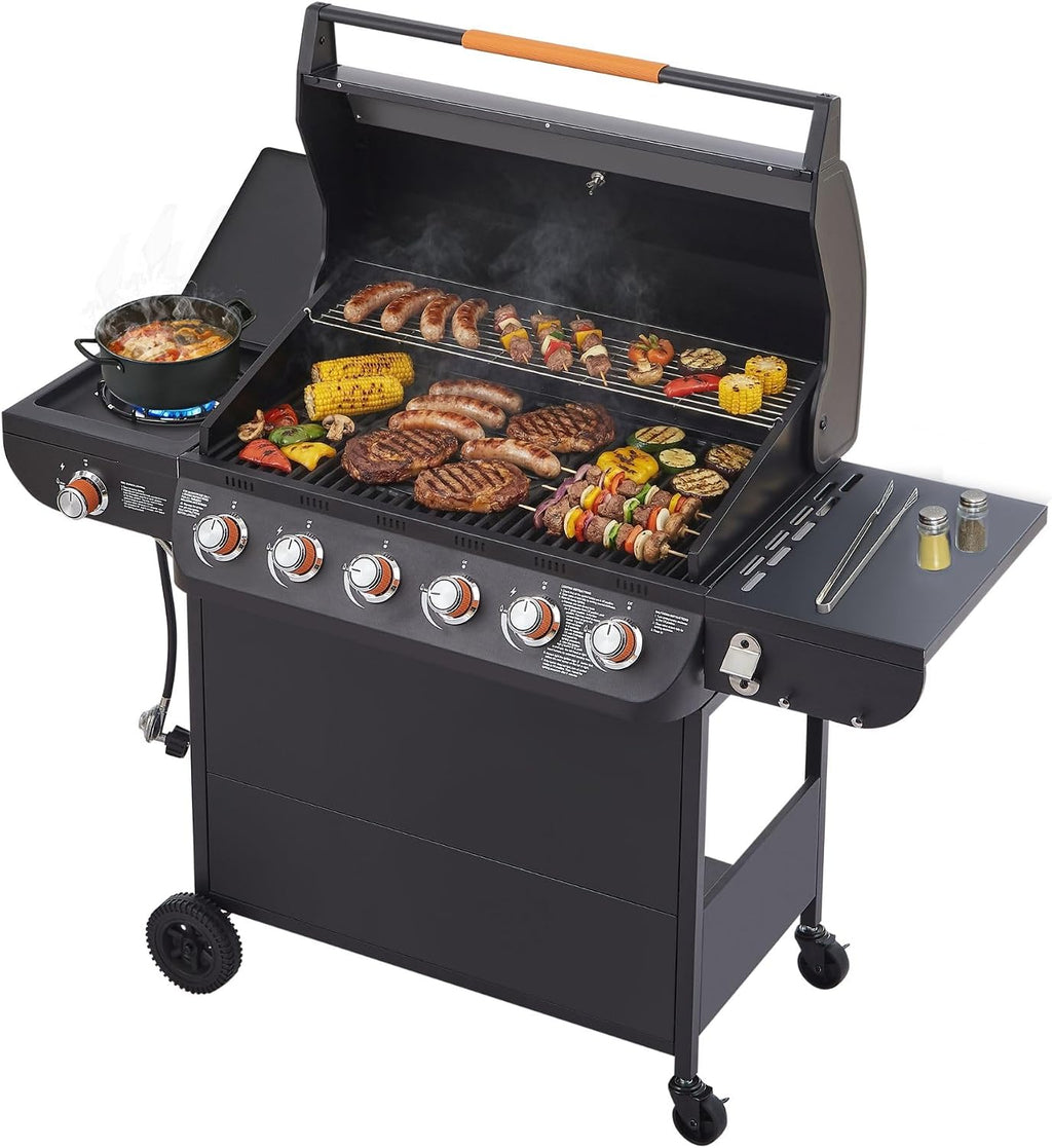 6 Burner Propane Gas Grill with Side Burner, 72000 BTU Stainless Steel Portable Bbq Grills, 650 Sq.In Cooking Area with Warming Rack, Cast Iron Grates, Wheels, Freestanding for Backyard Patio