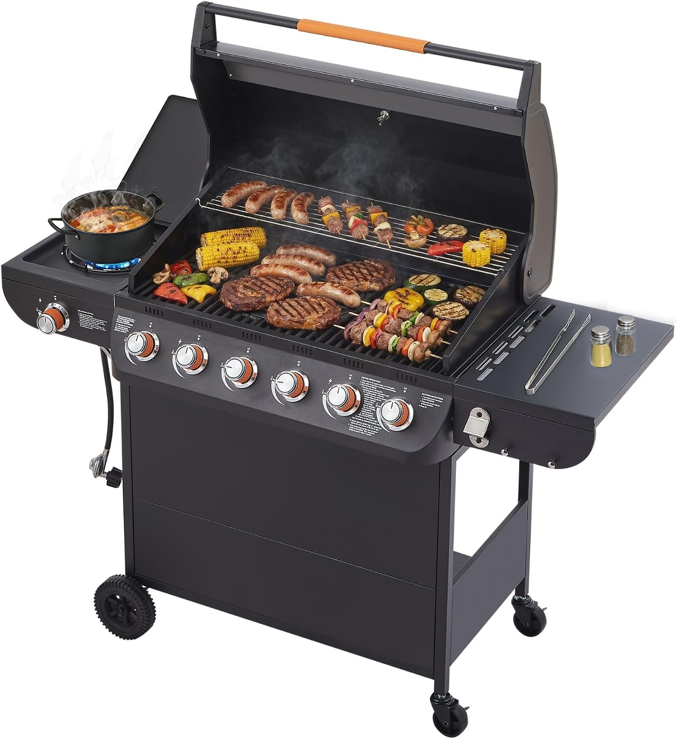 6 Burner Propane Gas Grill with Side Burner, 72000 BTU Stainless Steel Portable Bbq Grills, 650 Sq.In Cooking Area with Warming Rack, Cast Iron Grates, Wheels, Freestanding for Backyard Patio