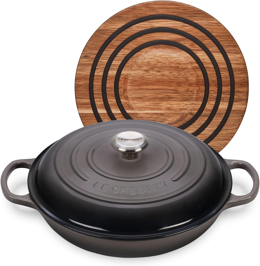 Le Creuset 3 1/2 qt. Signature Cast Iron Braiser Bundle with Magnetic Wooden Trivet - Oyster